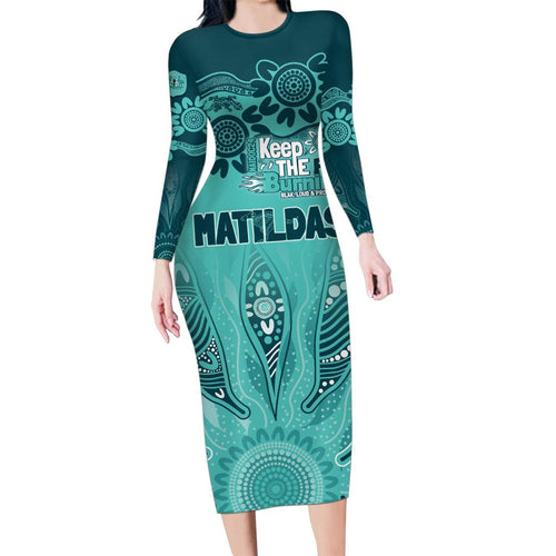 Australia Matildas Indigenous Family Matching Long Sleeve Bodycon Dress and Hawaiian Shirt NAIDOC 2024 Turquoise Color