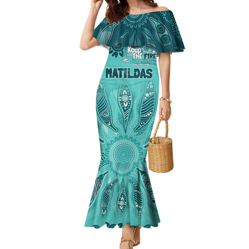 Australia Matildas Indigenous Family Matching Mermaid Dress and Hawaiian Shirt NAIDOC 2024 Turquoise Color
