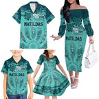 Australia Matildas Indigenous Family Matching Off The Shoulder Long Sleeve Dress and Hawaiian Shirt NAIDOC 2024 Turquoise Color