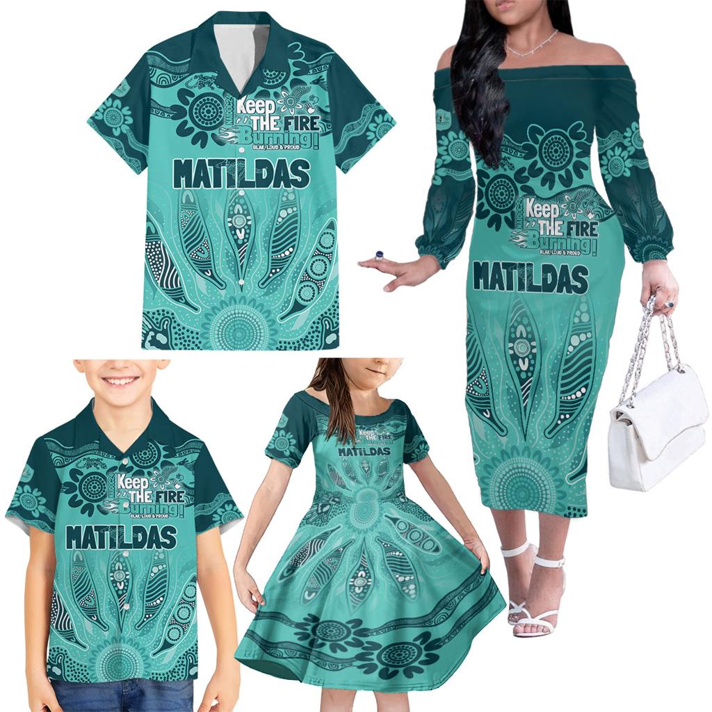 Australia Matildas Indigenous Family Matching Off The Shoulder Long Sleeve Dress and Hawaiian Shirt NAIDOC 2024 Turquoise Color