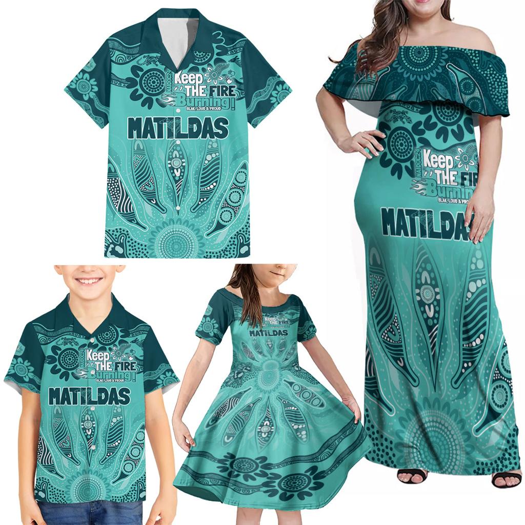 Australia Matildas Indigenous Family Matching Off Shoulder Maxi Dress and Hawaiian Shirt NAIDOC 2024 Turquoise Color