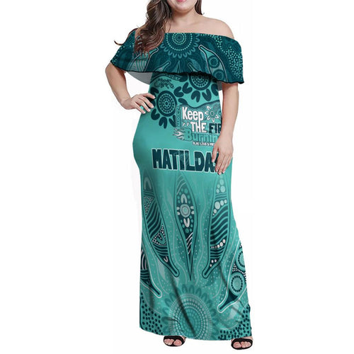 Australia Matildas Indigenous Family Matching Off Shoulder Maxi Dress and Hawaiian Shirt NAIDOC 2024 Turquoise Color