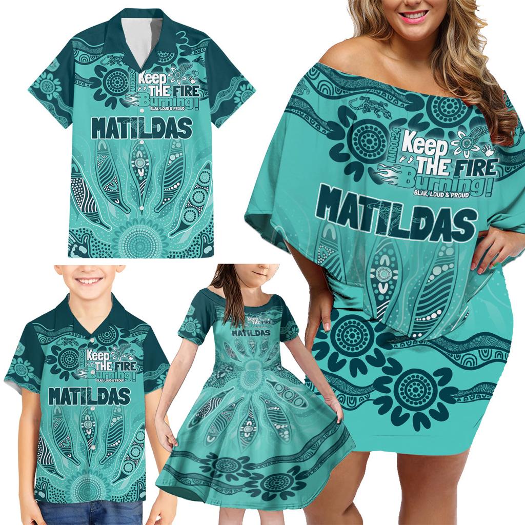 Australia Matildas Indigenous Family Matching Off Shoulder Short Dress and Hawaiian Shirt NAIDOC 2024 Turquoise Color