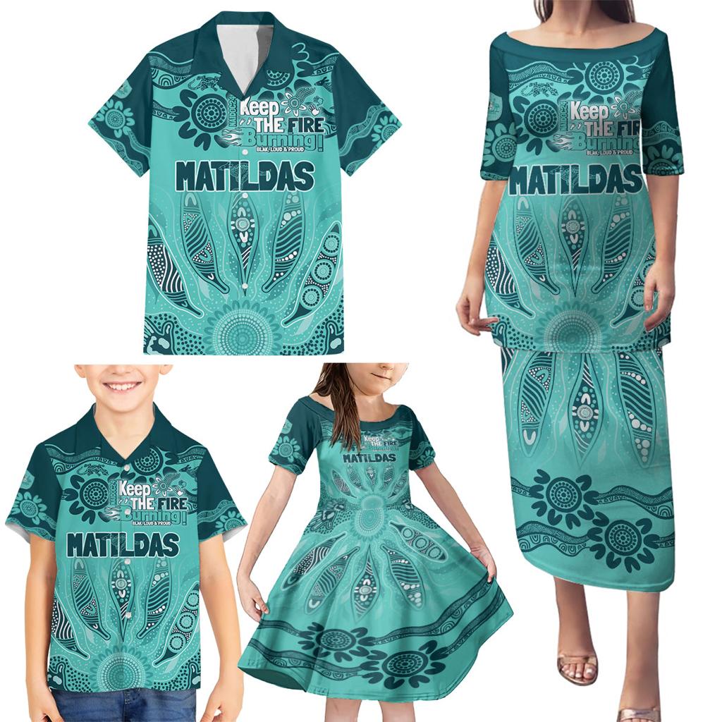 Australia Matildas Indigenous Family Matching Puletasi and Hawaiian Shirt NAIDOC 2024 Turquoise Color