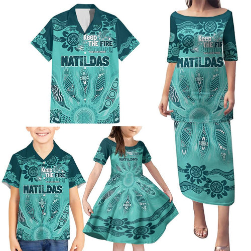 Australia Matildas Indigenous Family Matching Puletasi and Hawaiian Shirt NAIDOC 2024 Turquoise Color