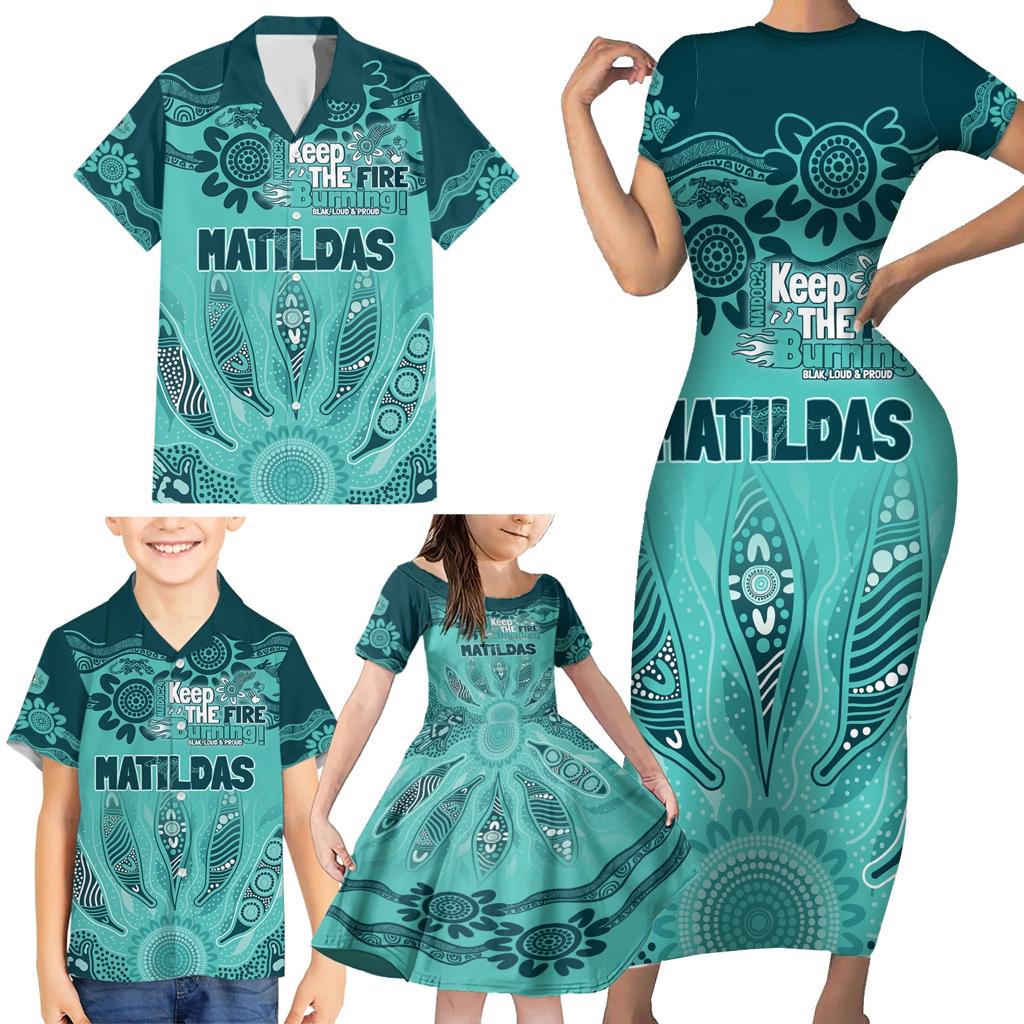 Australia Matildas Indigenous Family Matching Short Sleeve Bodycon Dress and Hawaiian Shirt NAIDOC 2024 Turquoise Color