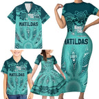 Australia Matildas Indigenous Family Matching Short Sleeve Bodycon Dress and Hawaiian Shirt NAIDOC 2024 Turquoise Color