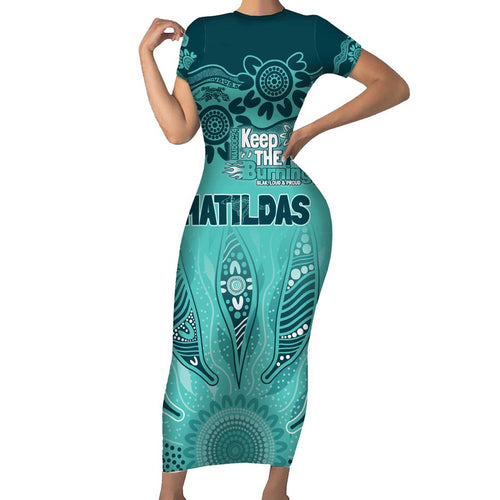 Australia Matildas Indigenous Family Matching Short Sleeve Bodycon Dress and Hawaiian Shirt NAIDOC 2024 Turquoise Color