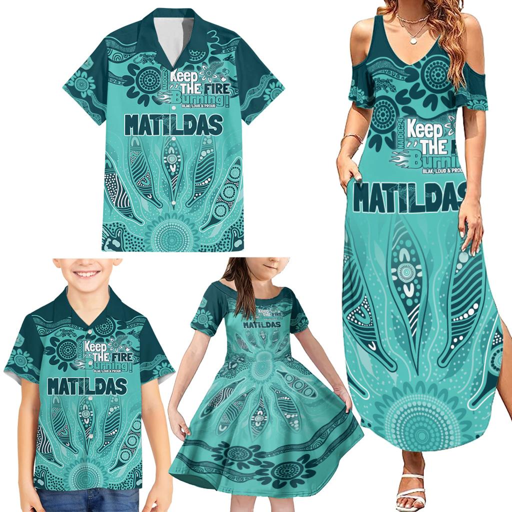 Australia Matildas Indigenous Family Matching Summer Maxi Dress and Hawaiian Shirt NAIDOC 2024 Turquoise Color
