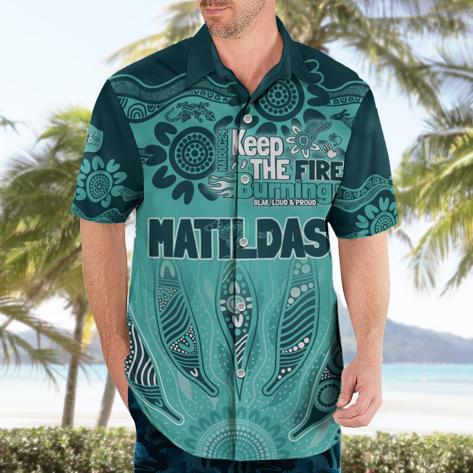 Australia Matildas Indigenous Hawaiian Shirt NAIDOC 2024 Turquoise Color