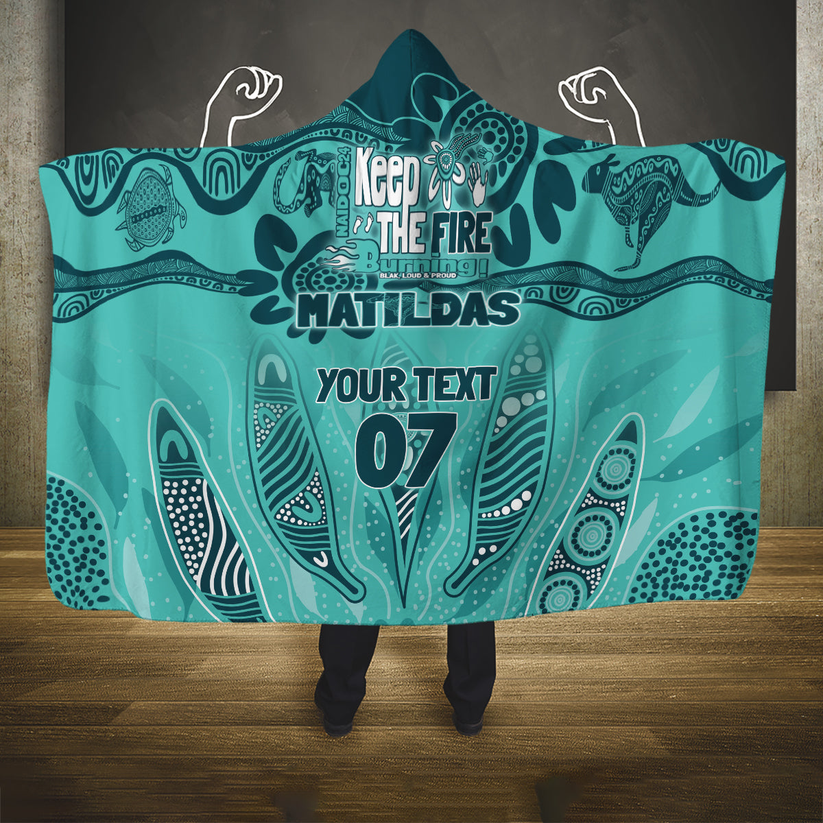 Australia Matildas Indigenous Hooded Blanket NAIDOC 2024 Turquoise Color