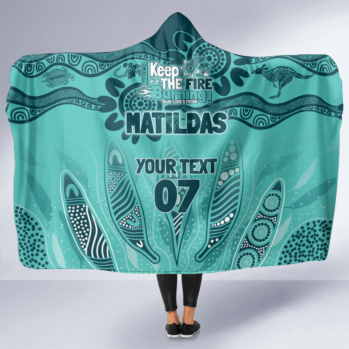 Australia Matildas Indigenous Hooded Blanket NAIDOC 2024 Turquoise Color