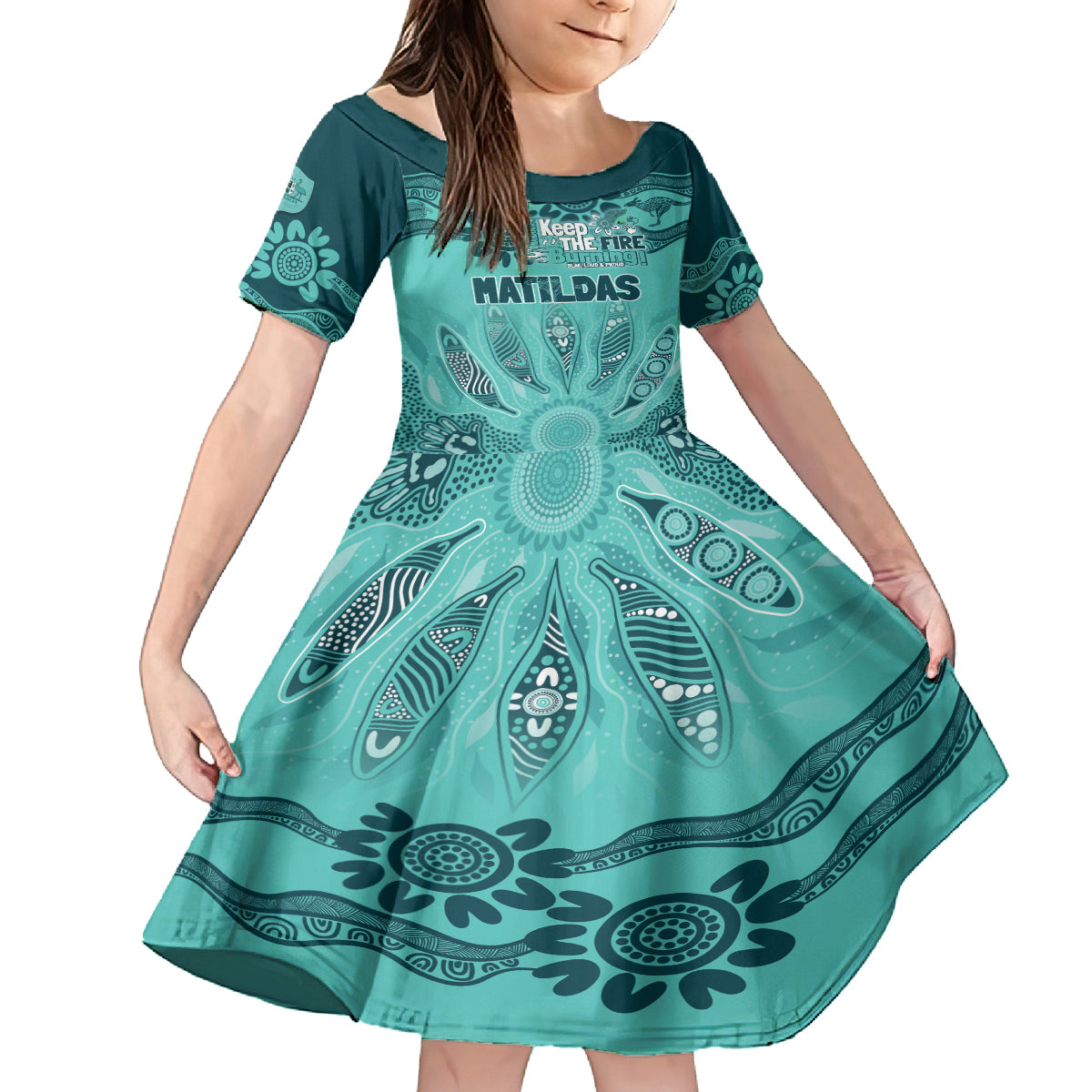 Australia Matildas Indigenous Kid Short Sleeve Dress NAIDOC 2024 Turquoise Color