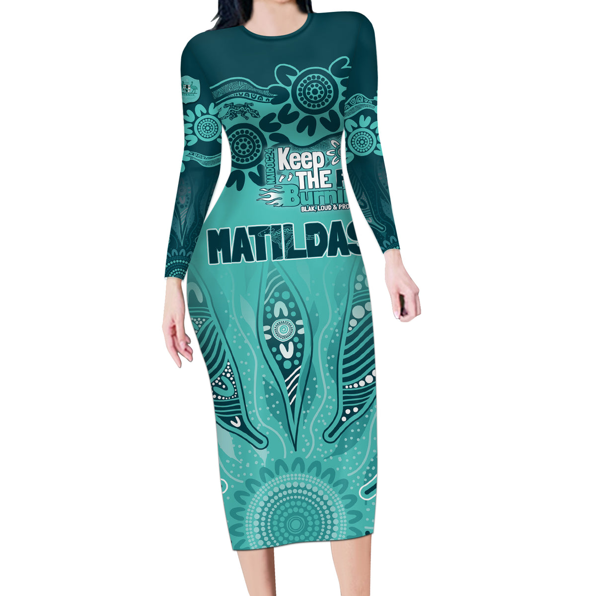 Australia Matildas Indigenous Long Sleeve Bodycon Dress NAIDOC 2024 Turquoise Color