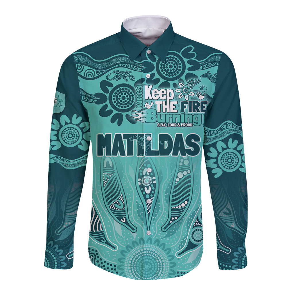 Australia Matildas Indigenous Long Sleeve Button Shirt NAIDOC 2024 Turquoise Color