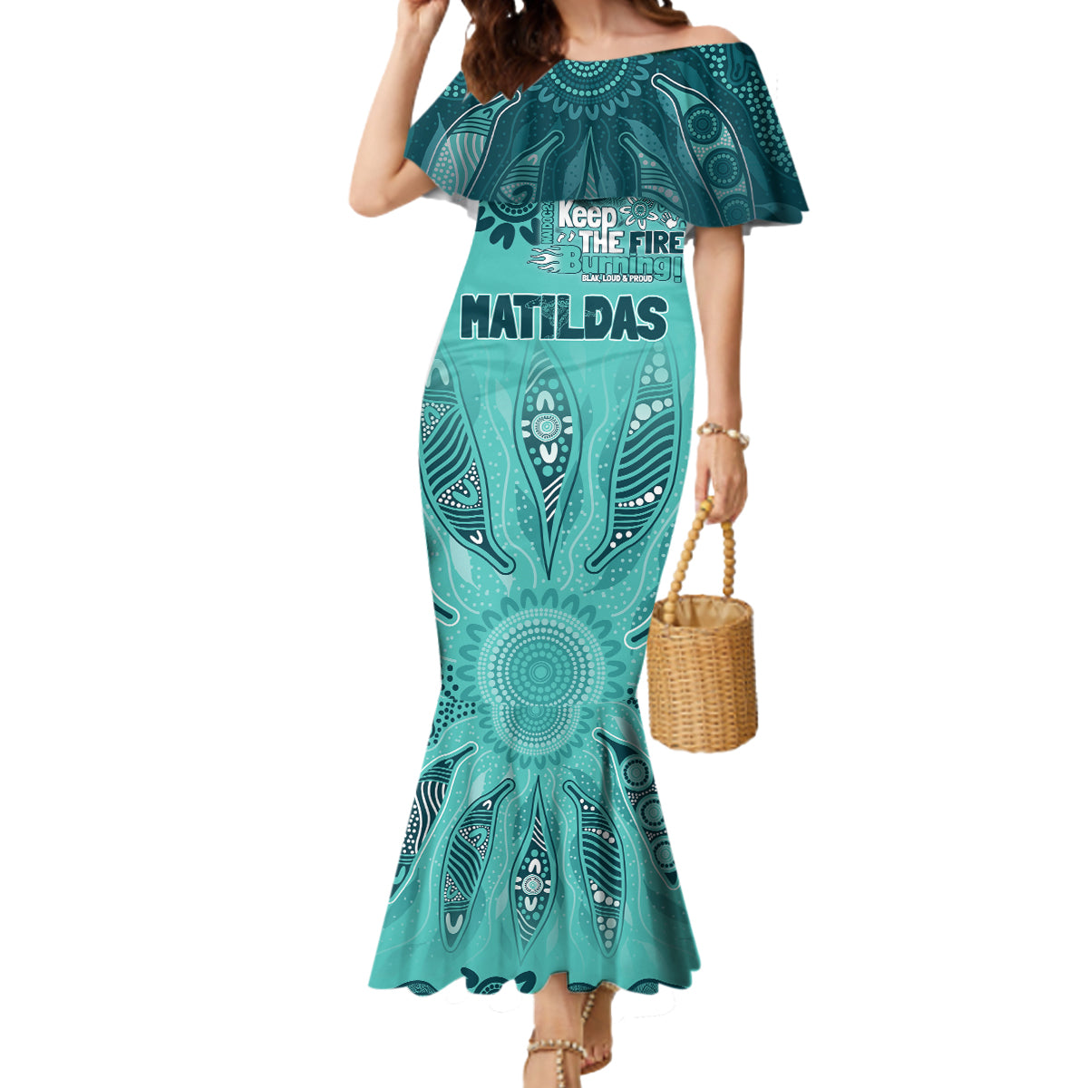 Australia Matildas Indigenous Mermaid Dress NAIDOC 2024 Turquoise Color