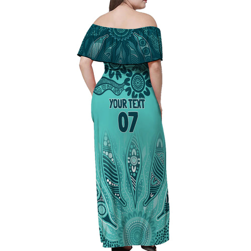 Australia Matildas Indigenous Off Shoulder Maxi Dress NAIDOC 2024 Turquoise Color
