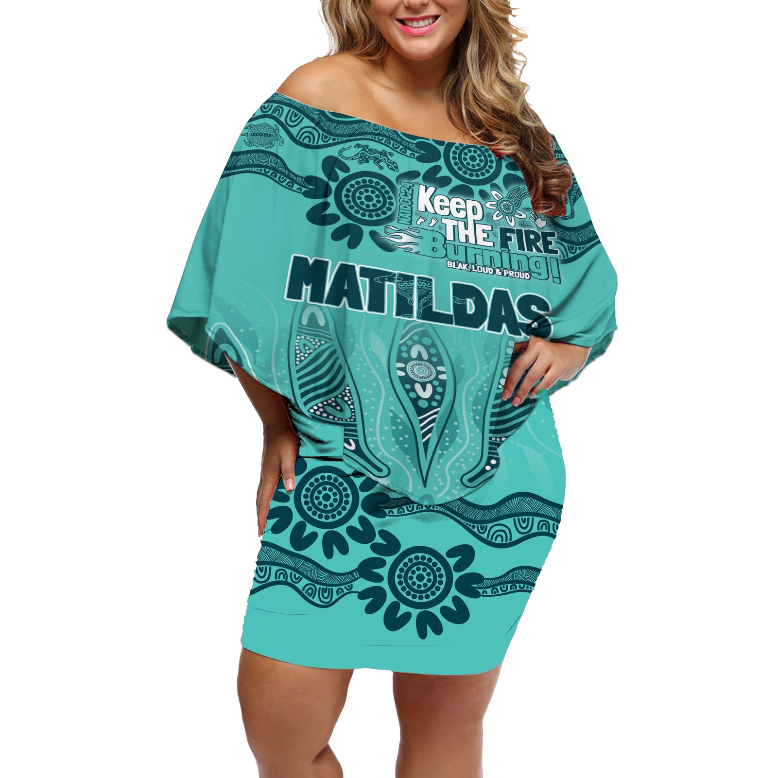Australia Matildas Indigenous Off Shoulder Short Dress NAIDOC 2024 Turquoise Color