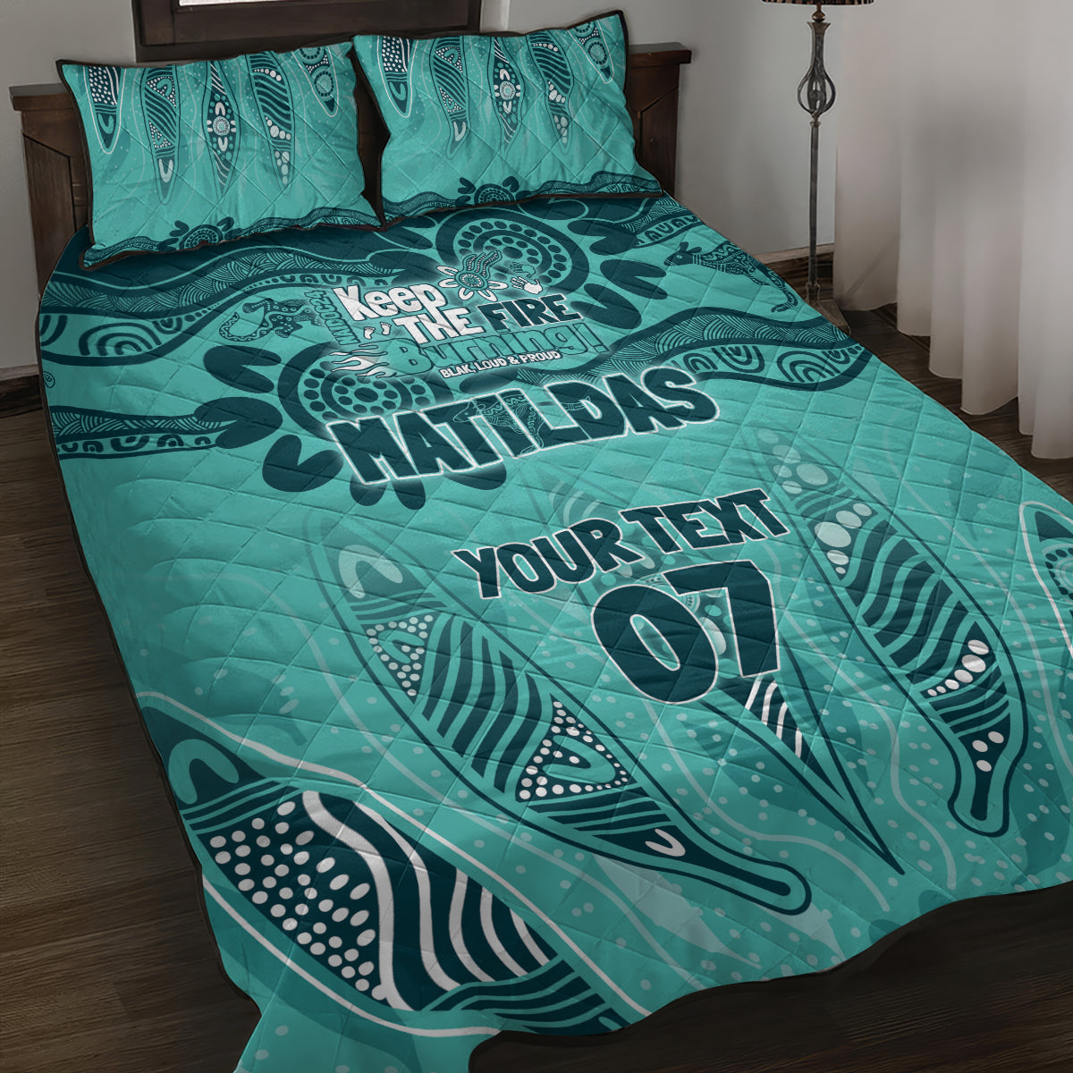 Australia Matildas Indigenous Quilt Bed Set NAIDOC 2024 Turquoise Color