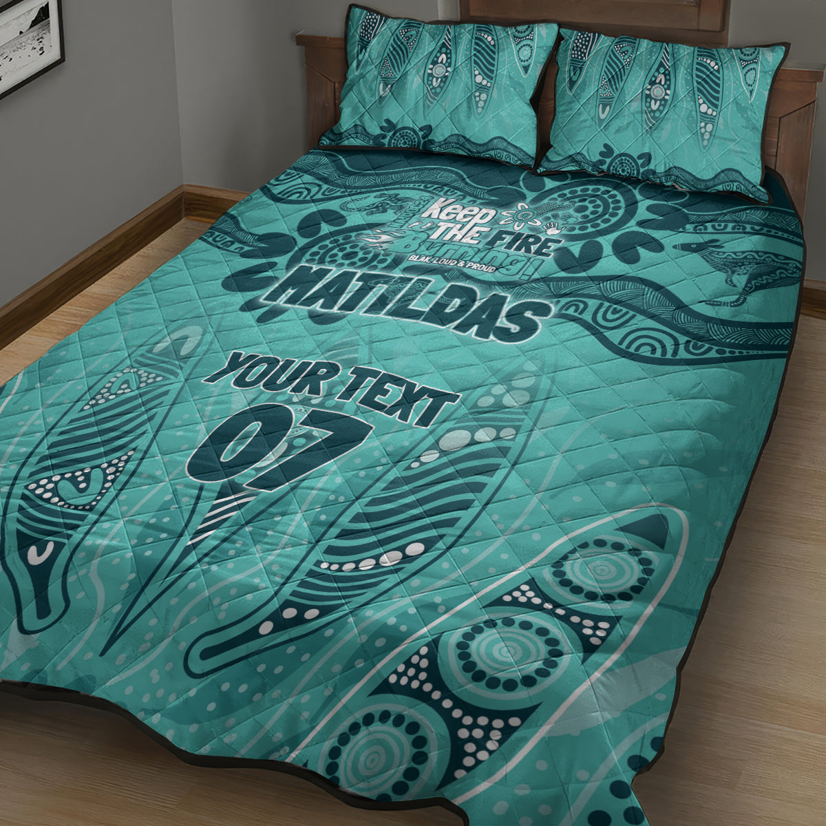 Australia Matildas Indigenous Quilt Bed Set NAIDOC 2024 Turquoise Color