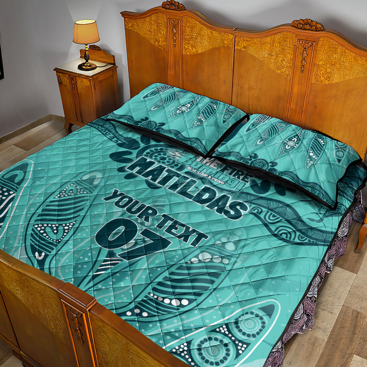 Australia Matildas Indigenous Quilt Bed Set NAIDOC 2024 Turquoise Color