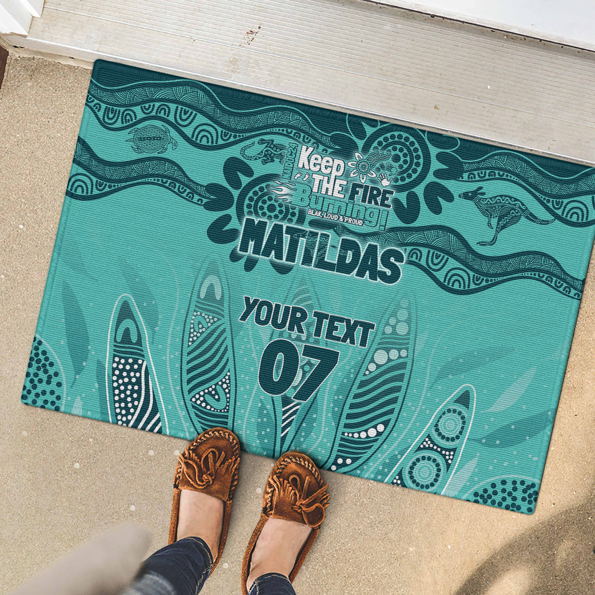 Australia Matildas Indigenous Rubber Doormat NAIDOC 2024 Turquoise Color