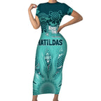 Australia Matildas Indigenous Short Sleeve Bodycon Dress NAIDOC 2024 Turquoise Color