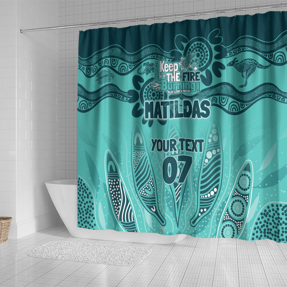 Australia Matildas Indigenous Shower Curtain NAIDOC 2024 Turquoise Color