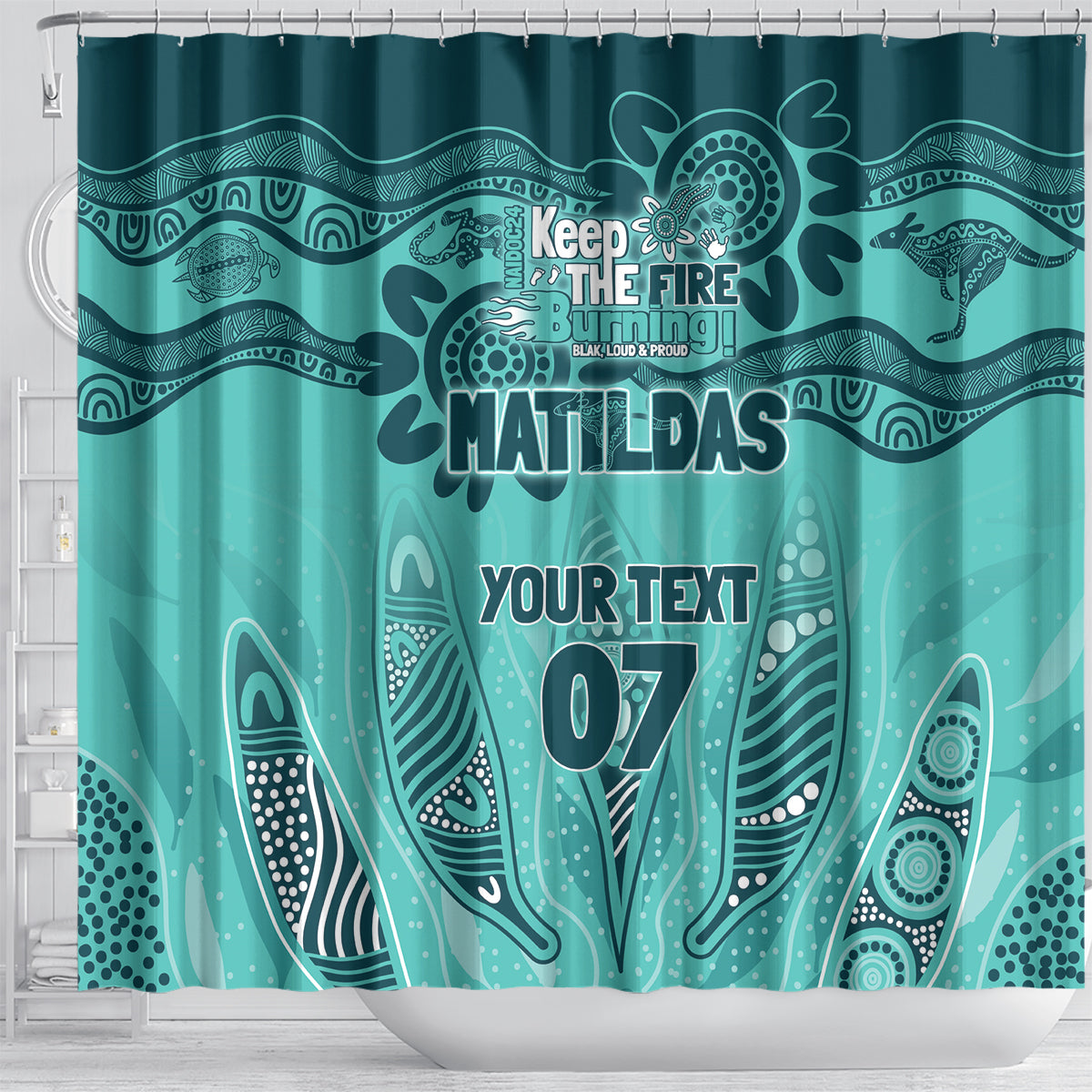 Australia Matildas Indigenous Shower Curtain NAIDOC 2024 Turquoise Color