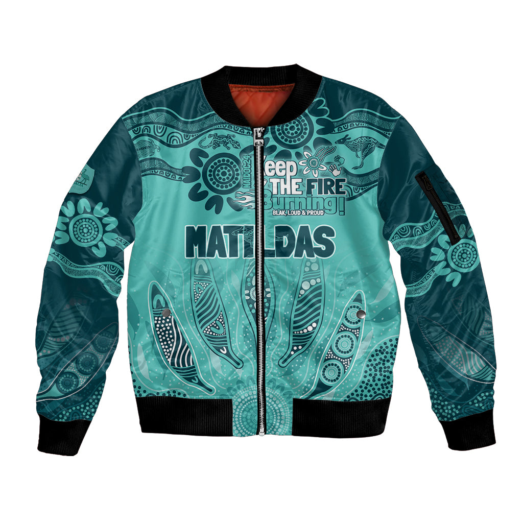 Australia Matildas Indigenous Sleeve Zip Bomber Jacket NAIDOC 2024 Turquoise Color