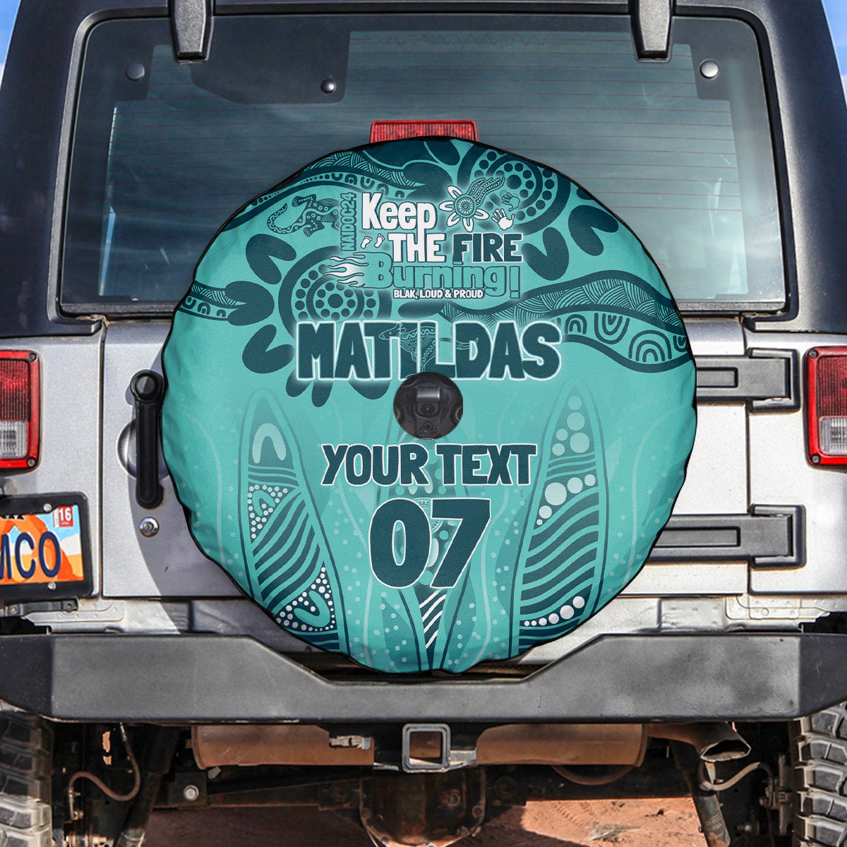 Australia Matildas Indigenous Spare Tire Cover NAIDOC 2024 Turquoise Color