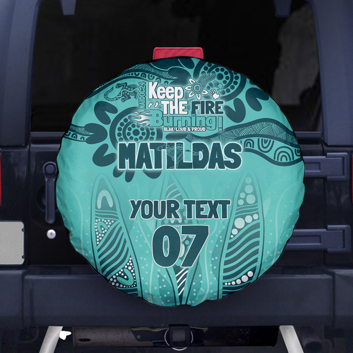 Australia Matildas Indigenous Spare Tire Cover NAIDOC 2024 Turquoise Color