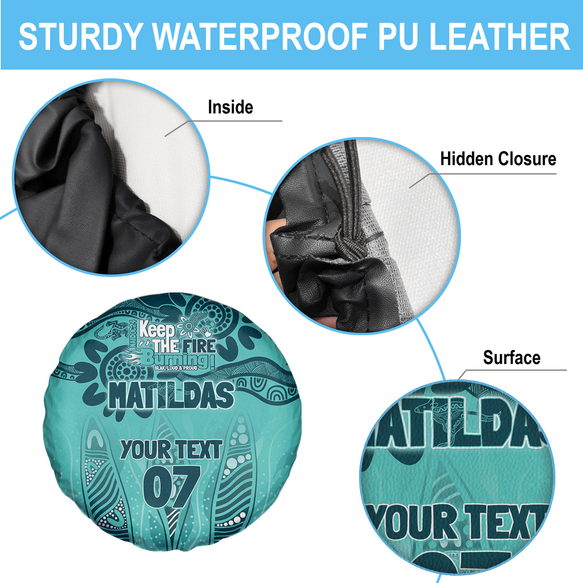 Australia Matildas Indigenous Spare Tire Cover NAIDOC 2024 Turquoise Color