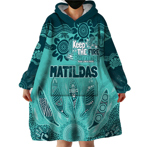 Australia Matildas Indigenous Wearable Blanket Hoodie NAIDOC 2024 Turquoise Color