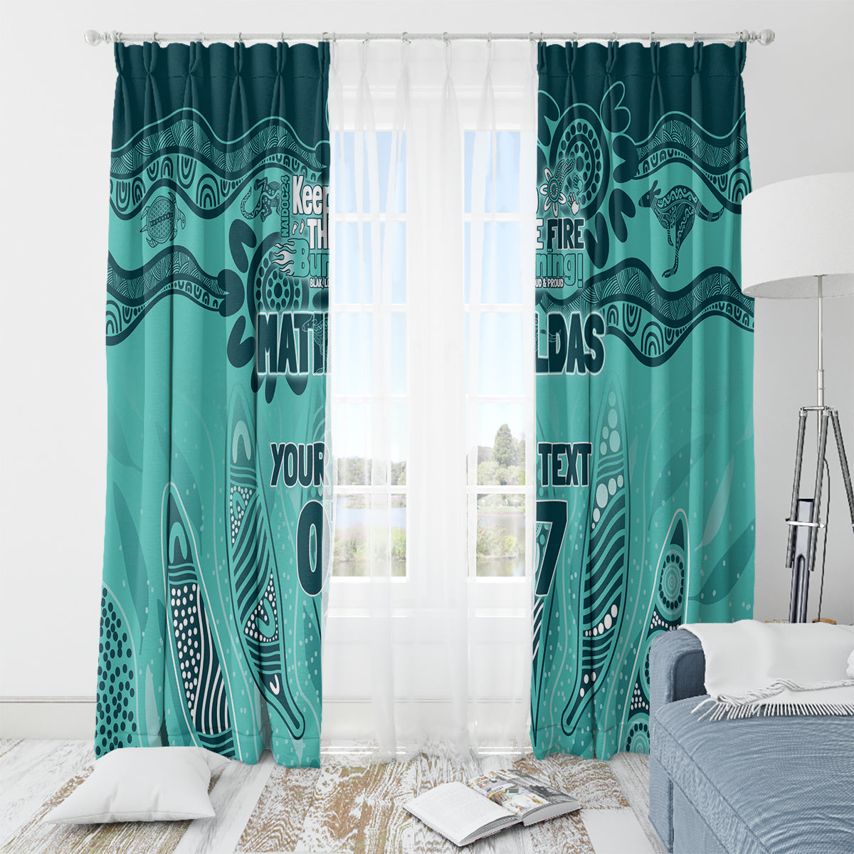 Australia Matildas Indigenous Window Curtain NAIDOC 2024 Turquoise Color