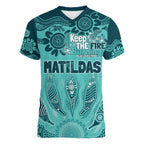 Australia Matildas Indigenous Women V-Neck T-Shirt NAIDOC 2024 Turquoise Color