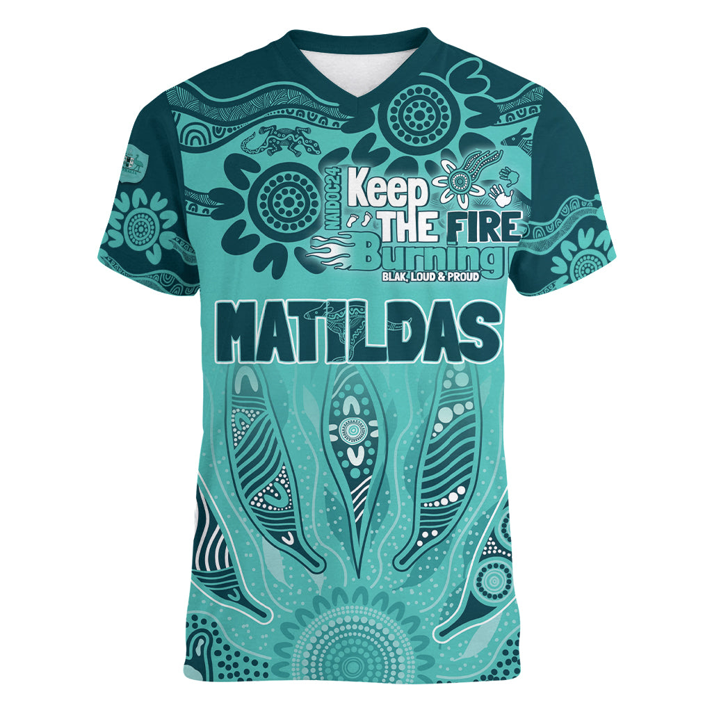 Australia Matildas Indigenous Women V-Neck T-Shirt NAIDOC 2024 Turquoise Color