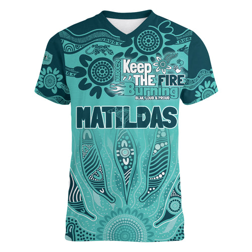 Australia Matildas Indigenous Women V-Neck T-Shirt NAIDOC 2024 Turquoise Color