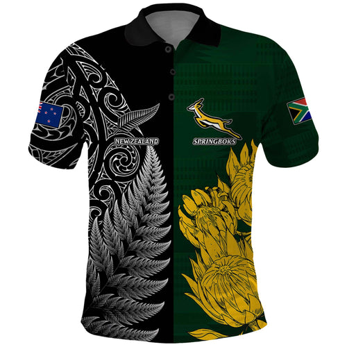 Personalised New Zealand Mix South Africa Rugby Polo Shirt Protea Vs. Silver Ferns LT7