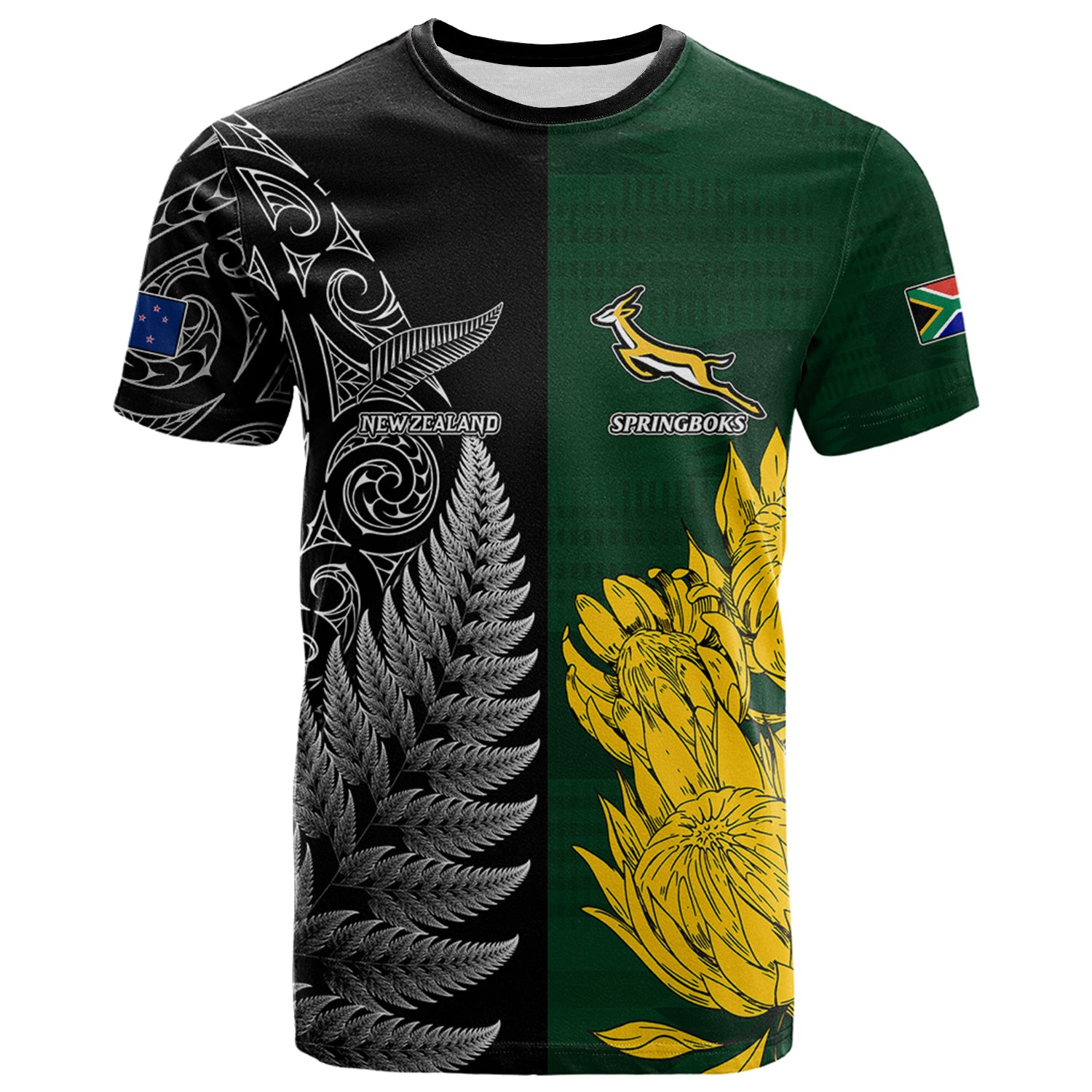Personalised New Zealand Mix South Africa Rugby T Shirt Protea Vs. Silver Ferns LT7