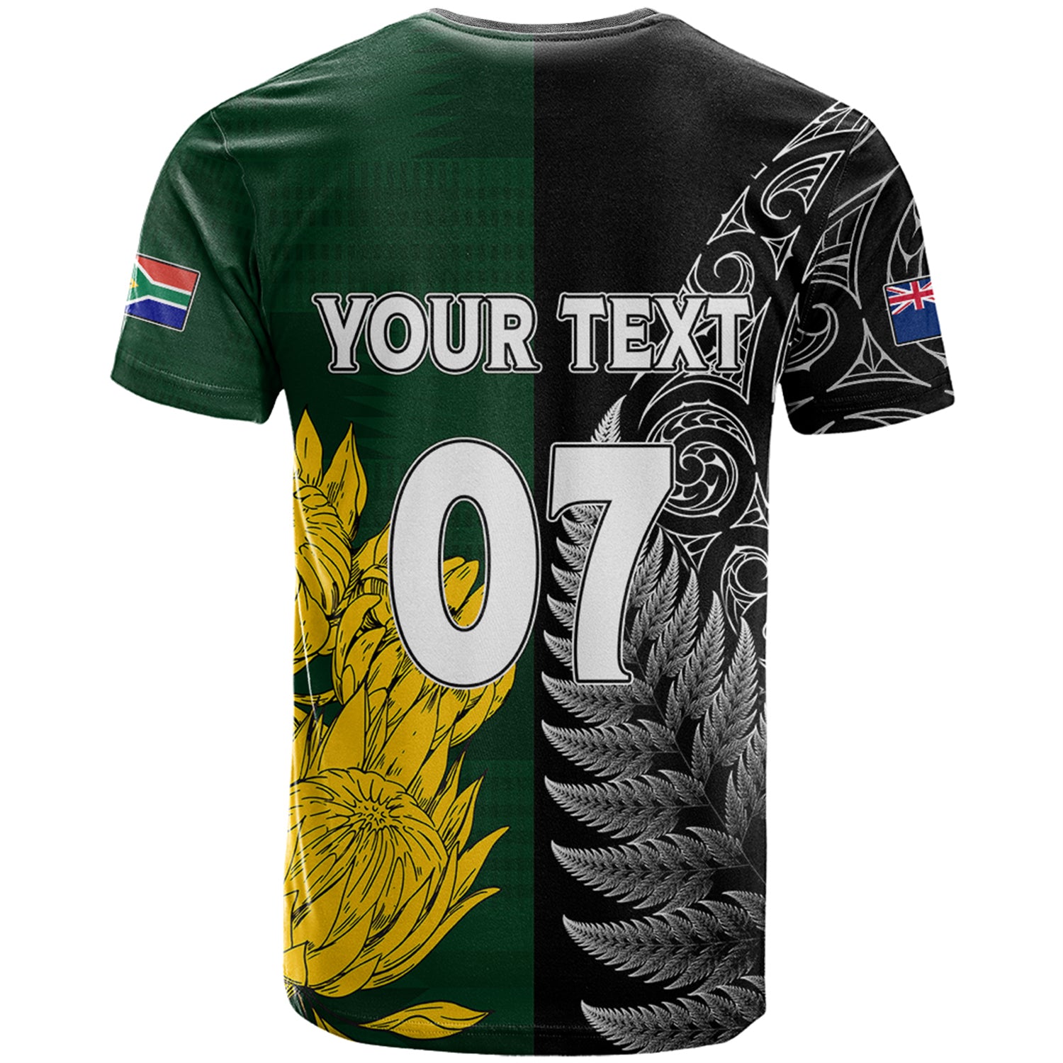 Personalised New Zealand Mix South Africa Rugby T Shirt Protea Vs. Silver Ferns LT7