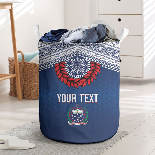Manu Samoa Rugby Custom Navy Blue Laundry Basket ʻIe Toga Pattern With Red Ula fala