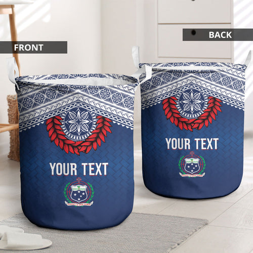 Manu Samoa Rugby Custom Navy Blue Laundry Basket ʻIe Toga Pattern With Red Ula fala
