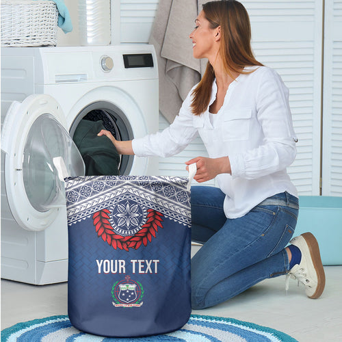 Manu Samoa Rugby Custom Navy Blue Laundry Basket ʻIe Toga Pattern With Red Ula fala
