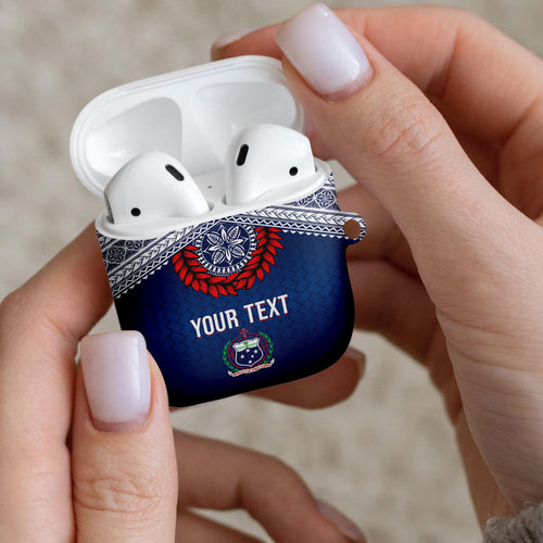 Manu Samoa Rugby Custom Navy Blue AirPods Case ʻIe Toga Pattern With Red Ula fala