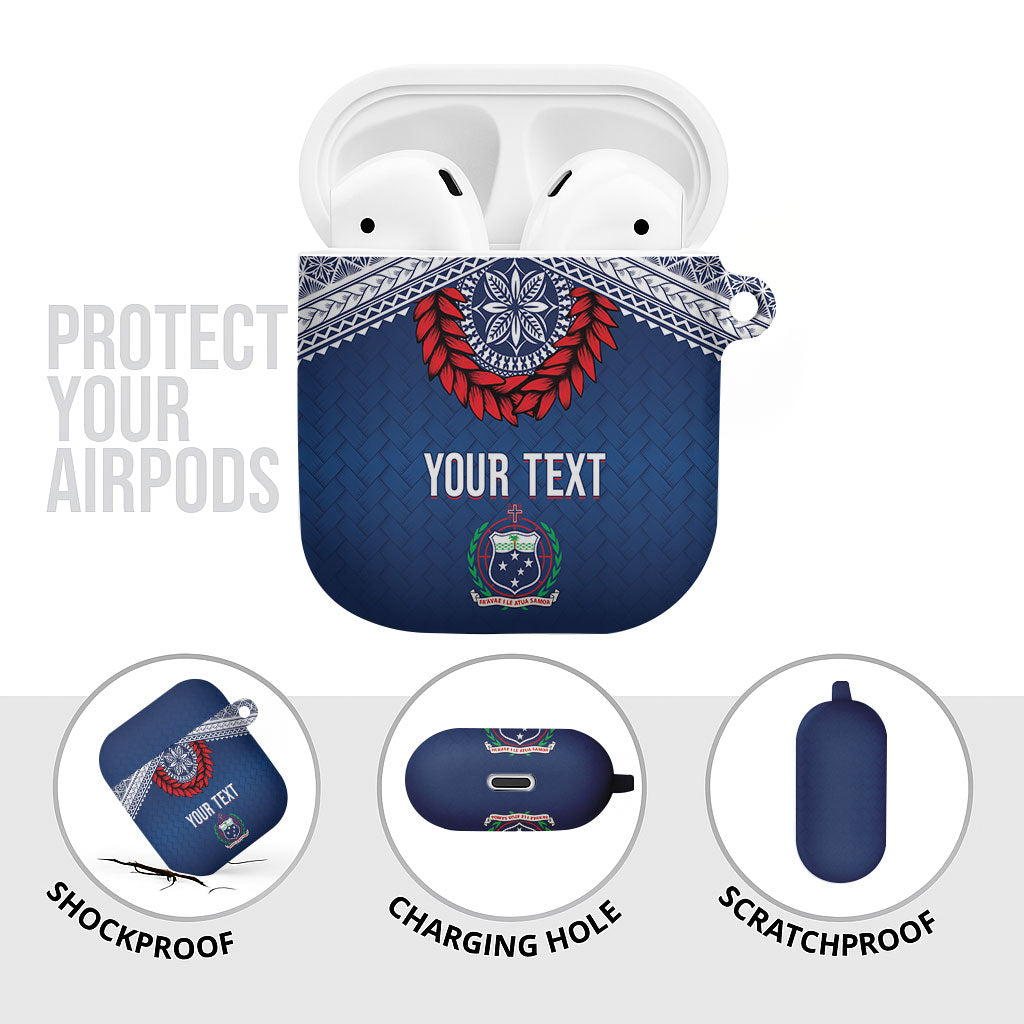 Manu Samoa Rugby Custom Navy Blue AirPods Case ʻIe Toga Pattern With Red Ula fala