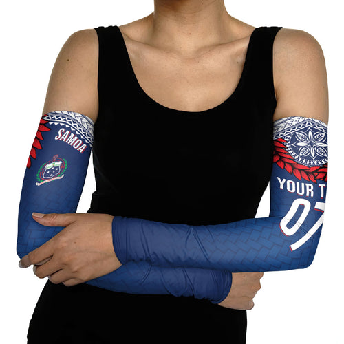 Manu Samoa Rugby Custom Navy Blue Arm Sleeves ʻIe Toga Pattern With Red Ula fala