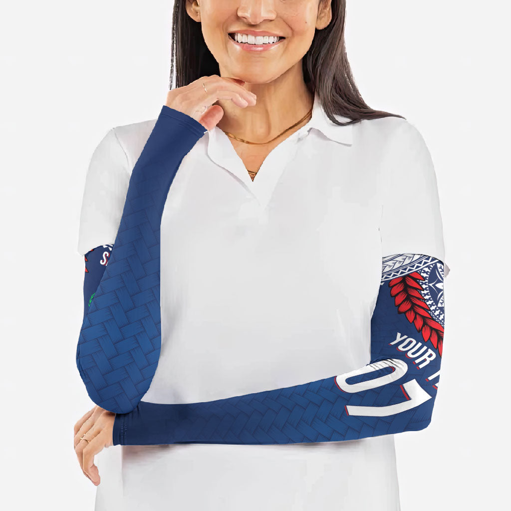 Manu Samoa Rugby Custom Navy Blue Arm Sleeves ʻIe Toga Pattern With Red Ula fala