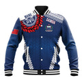 Manu Samoa Rugby Custom Navy Blue Baseball Jacket ʻIe Toga Pattern With Red Ula fala