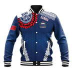 Manu Samoa Rugby Custom Navy Blue Baseball Jacket ʻIe Toga Pattern With Red Ula fala